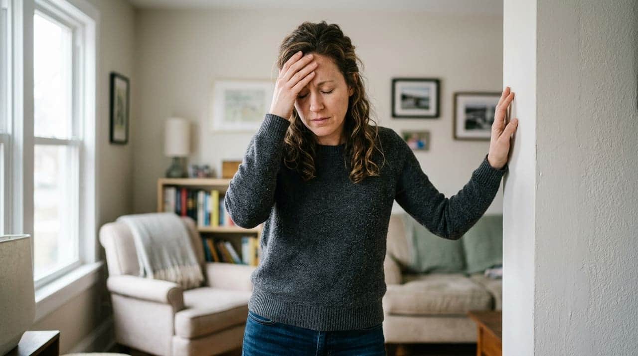 Person zu Hause stützt sich mit einer Hand an der Wand ab und hält sich die andere Hand an die Stirn, weil ihr schwindelig ist