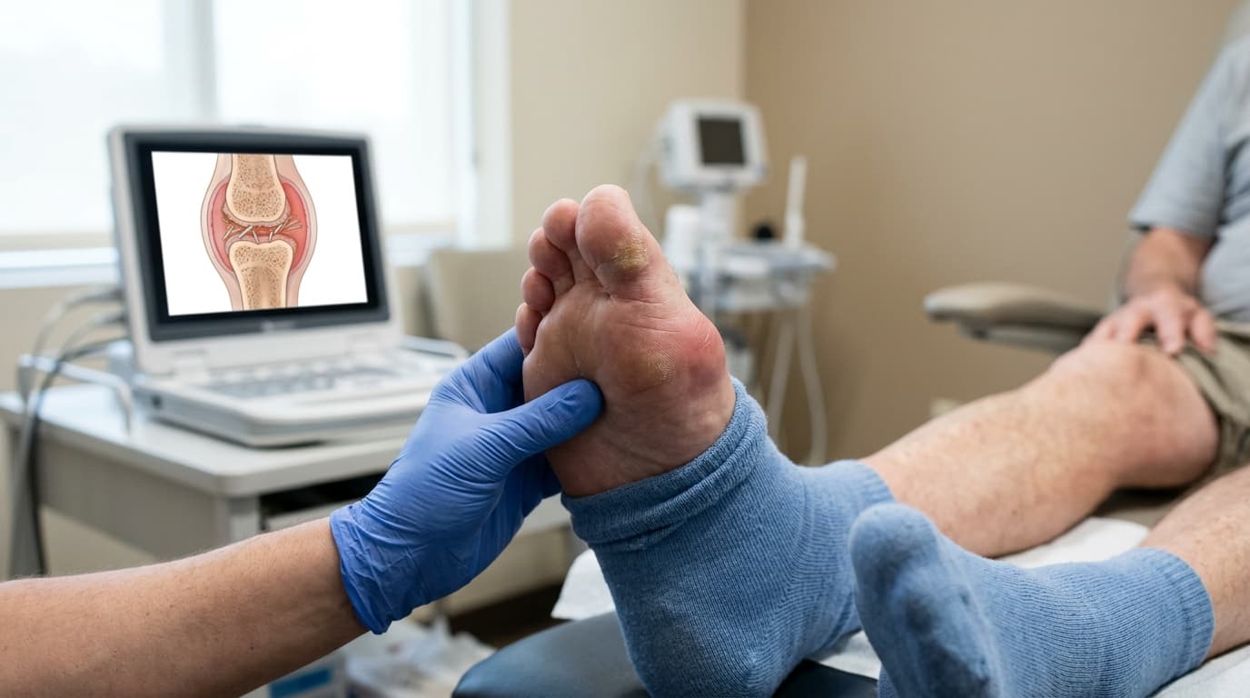 Ilustração realista de cristais em forma de agulha depositados na articulação de um dedo do pé