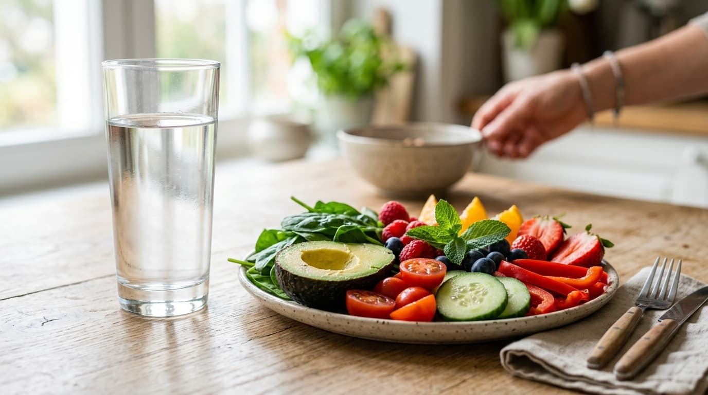 Copo de água ao lado de prato com vegetais frescos e frutas sobre mesa de madeira clara