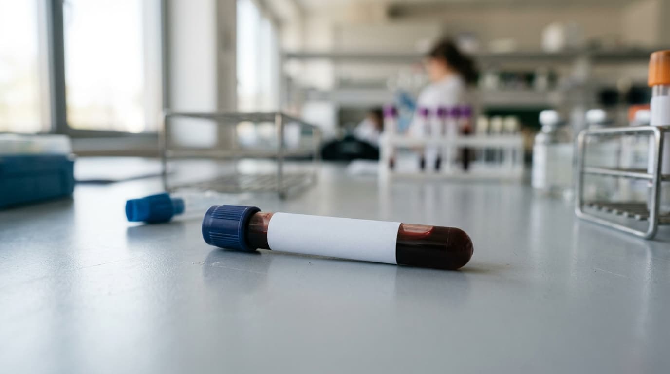 Tubo de coleta de sangue com etiqueta de exame de ácido úrico sobre bancada de laboratório em luz neutra