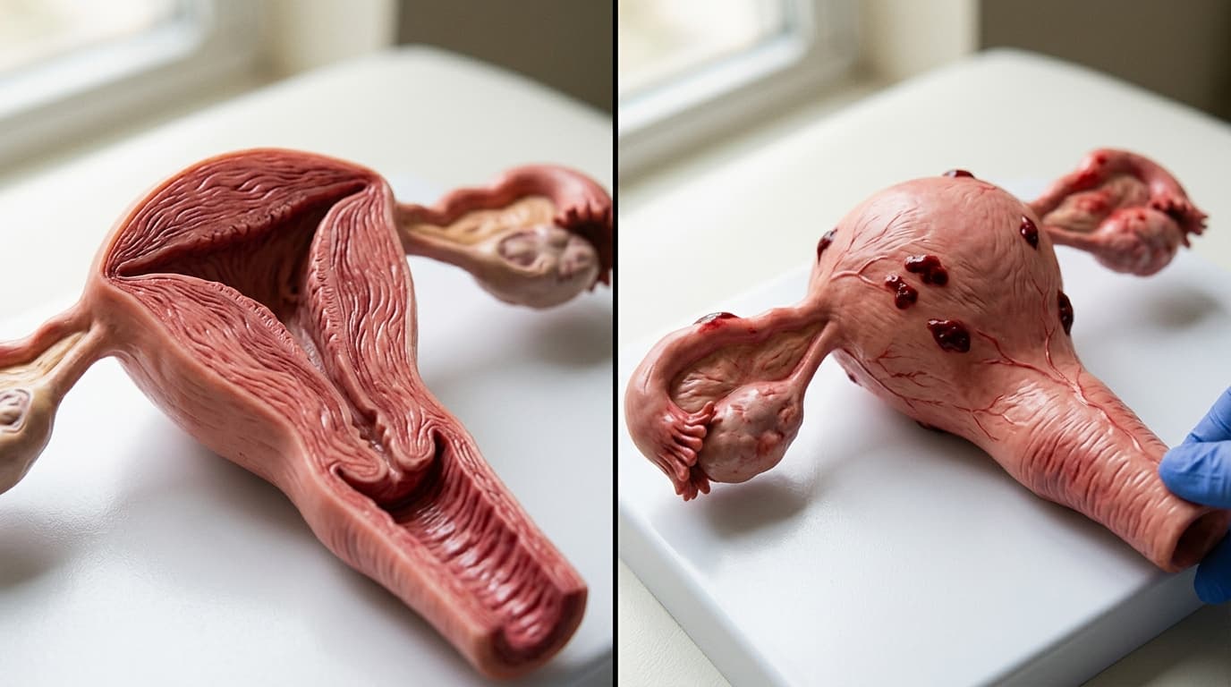 A clear medical diagram showing endometrial-like tissue inside the uterine muscle in adenomyosis and outside the uterus in endometriosis
