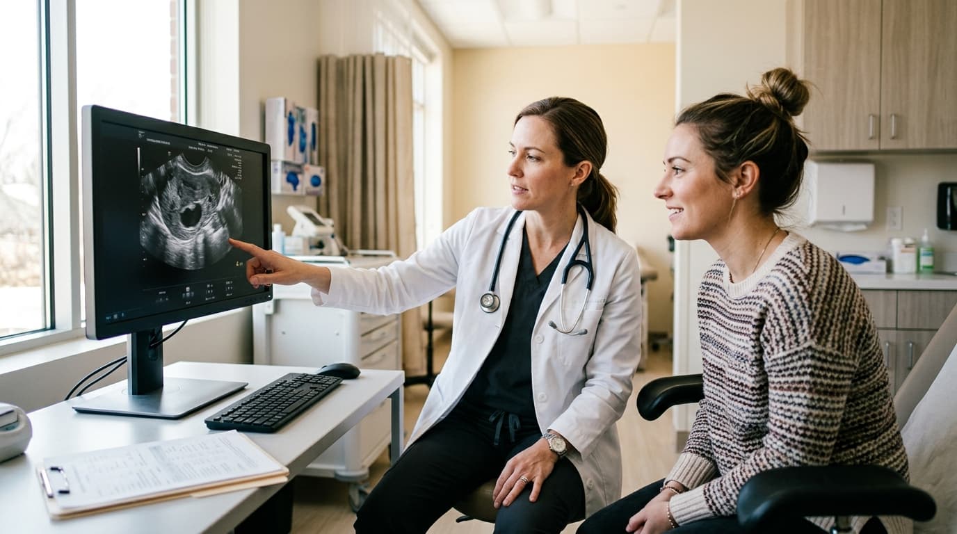 A gynecologist reviewing a pelvic ultrasound image with a patient during a consultation