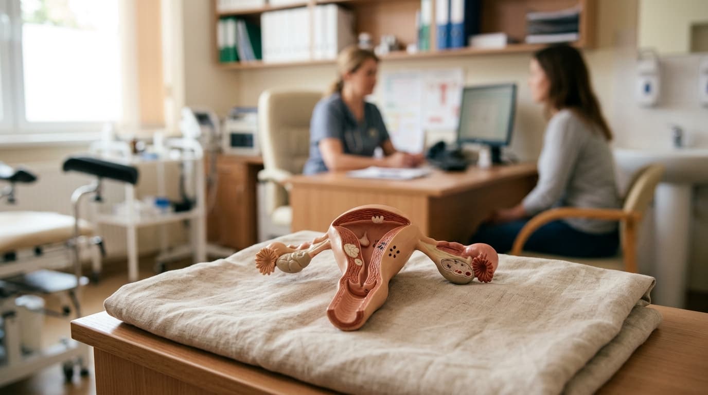 A medical illustration of the female reproductive system used to compare where adenomyosis and endometriosis tissue grows