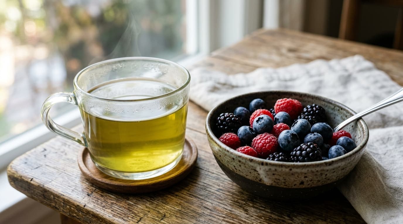 Tigelas com frutas vermelhas, uvas roxas, nozes e sementes de linhaça sobre uma bancada de madeira clara