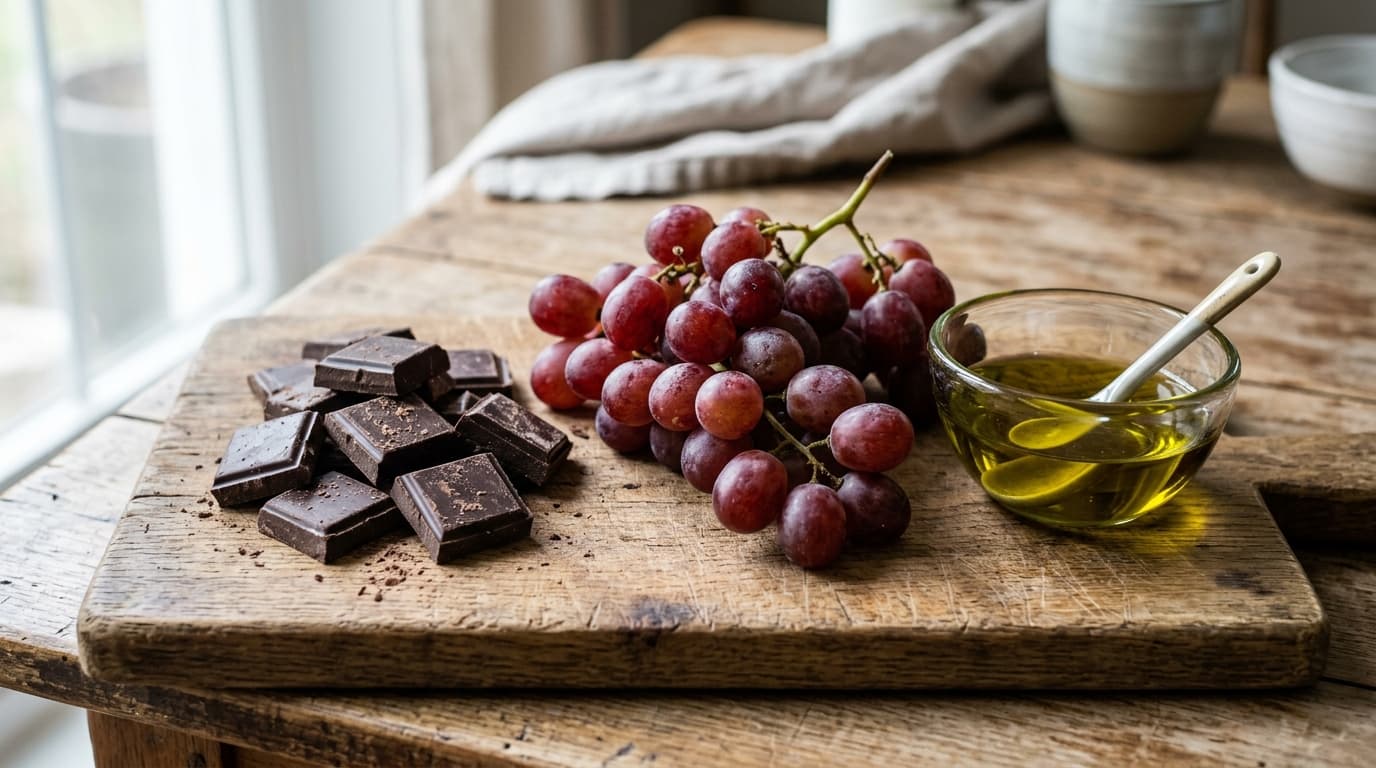 Xícara de chá verde ao lado de azeite de oliva extravirgem sendo servido e pedaços de chocolate amargo