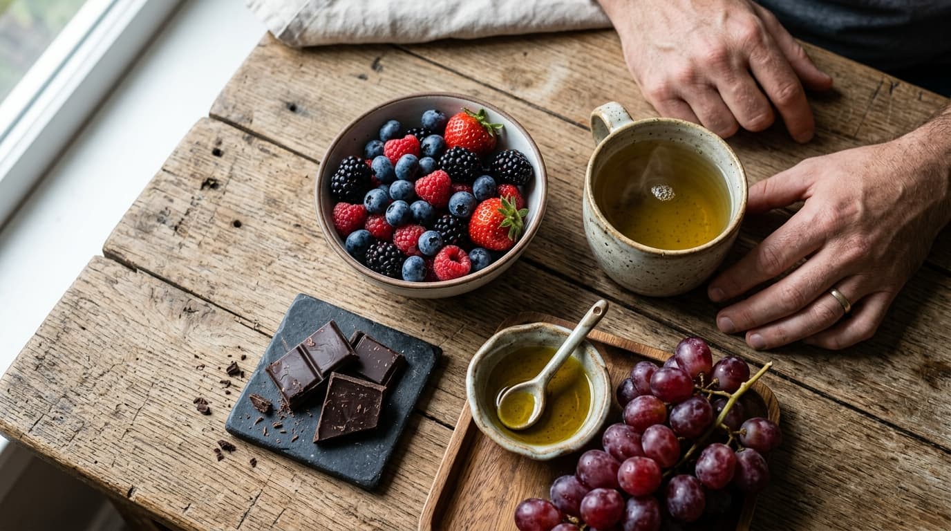 Mesa com alimentos ricos em polifenóis: frutas vermelhas, xícara de chá, azeite de oliva e pedaços de cacau