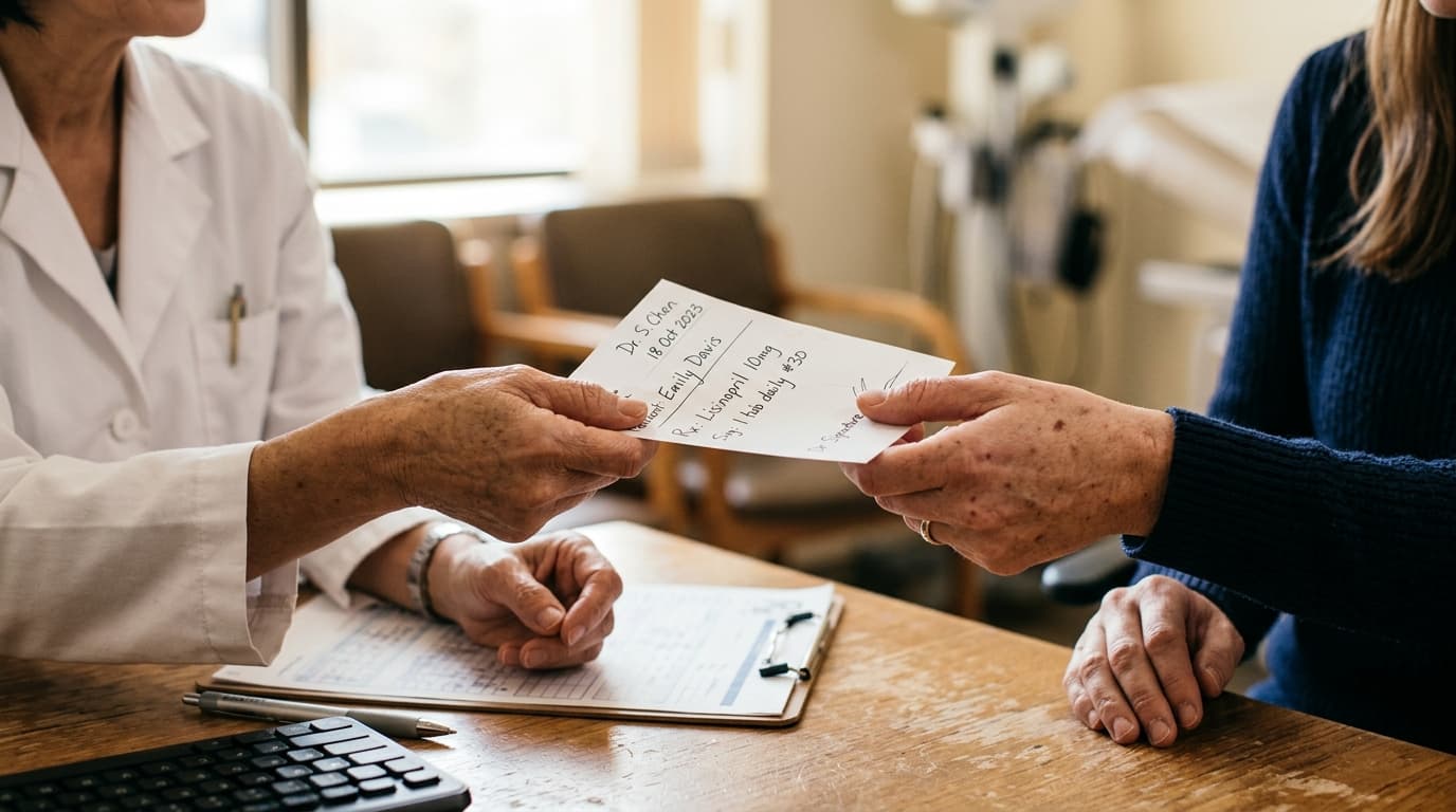 Médico entregando uma receita a um paciente em um consultório