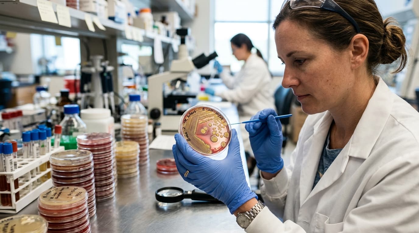 Cientista examinando placas de cultura de bactérias em um laboratório
