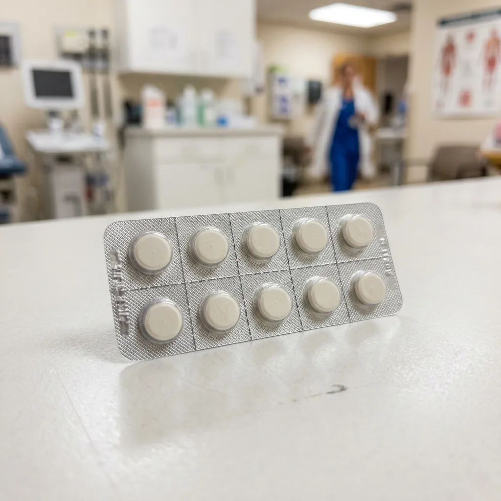 Tablettenblister auf einer hellen Arbeitsfläche, ohne sichtbare Marke oder Namen