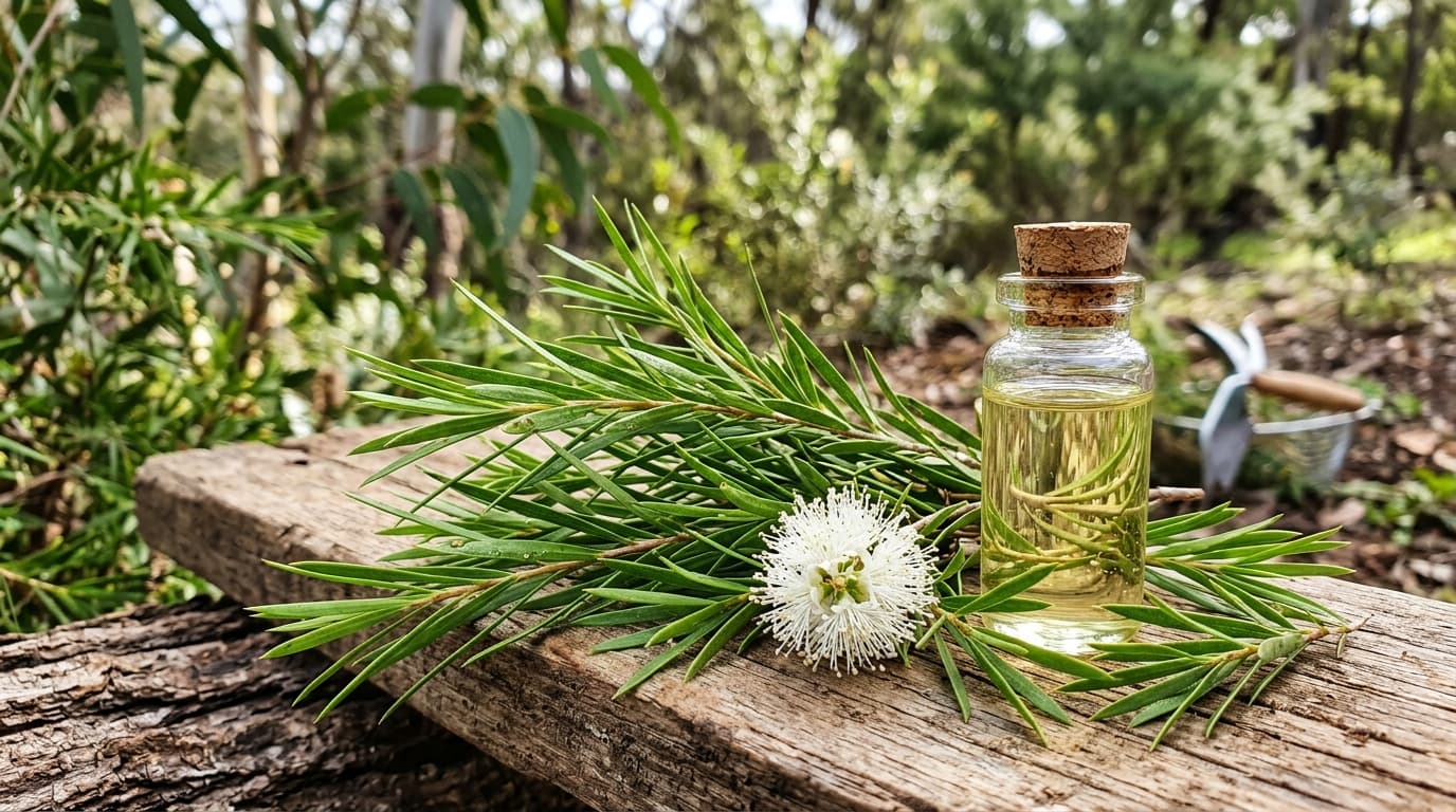 Hojas verdes y estrechas del árbol de té junto a un frasco de aceite esencial a la luz del día