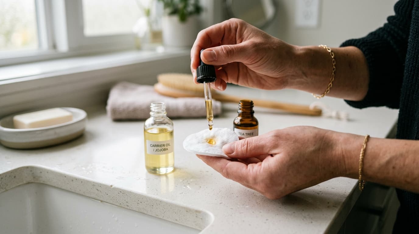 Gotero de aceite de árbol de té aplicando una gota sobre un algodón junto a un frasco de aceite portador