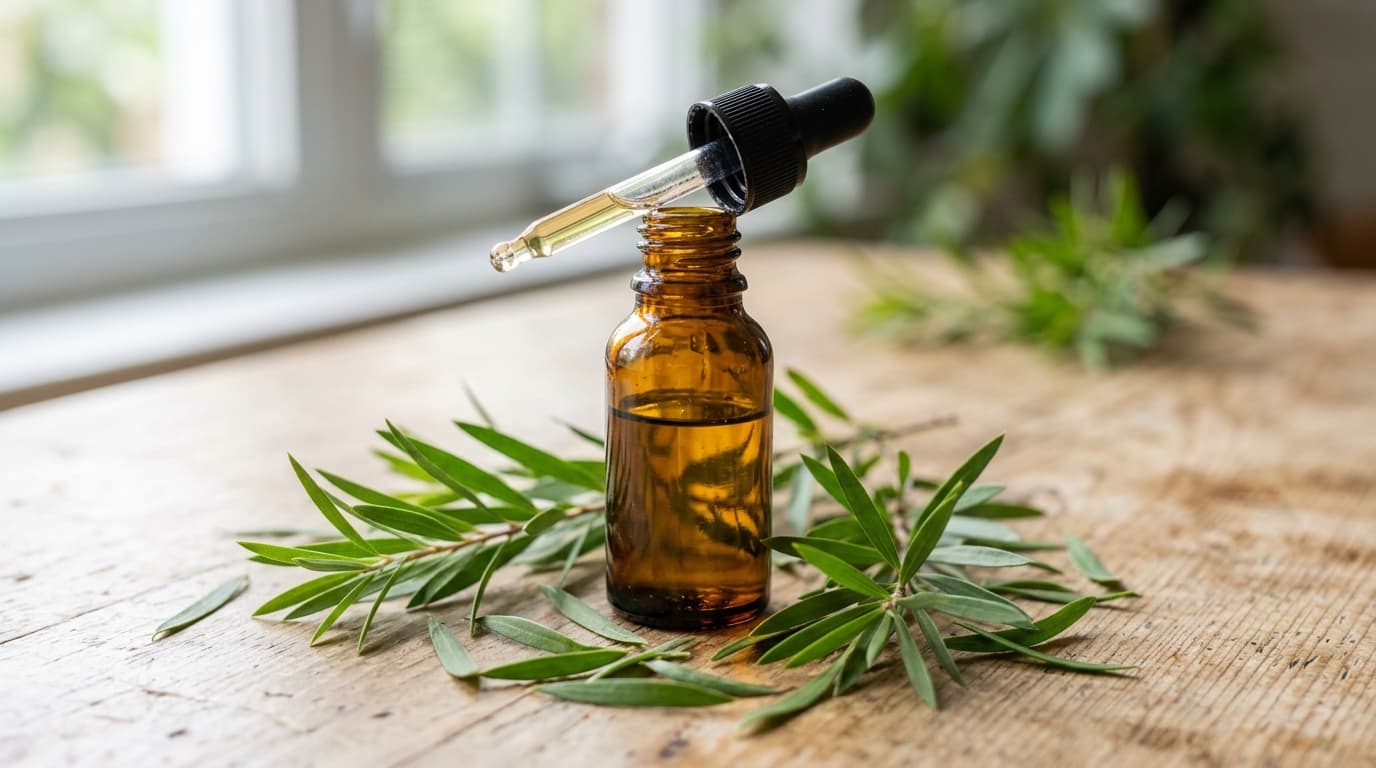 Frasco de aceite esencial de árbol de té junto a hojas verdes de Melaleuca sobre una superficie clara