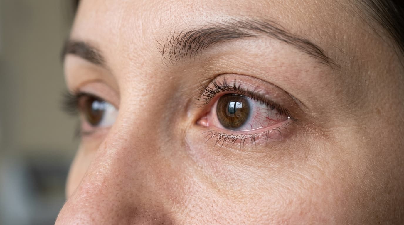 Realistische Nahaufnahme eines geröteten Kinderauges mit leicht verklebten Wimpern
