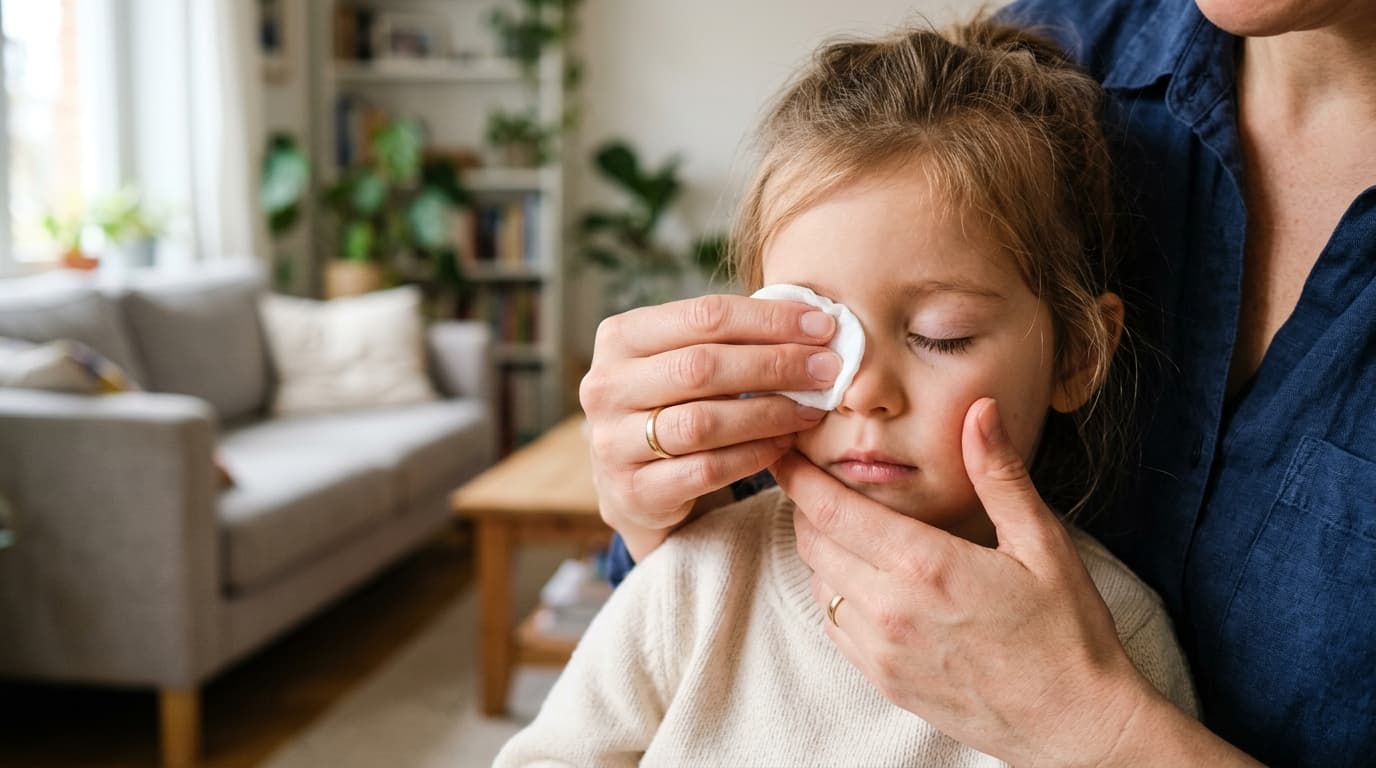 Realistisches Foto eines Elternteils, das das geschlossene Auge eines Kindes mit einem sauberen, feuchten Tuch sanft reinigt