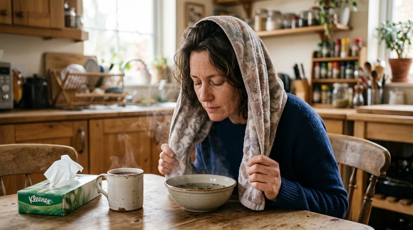Person zu Hause atmet warmen Wasserdampf aus einer Schüssel ein, ein Handtuch über dem Kopf, daneben eine Tasse mit warmem Getränk