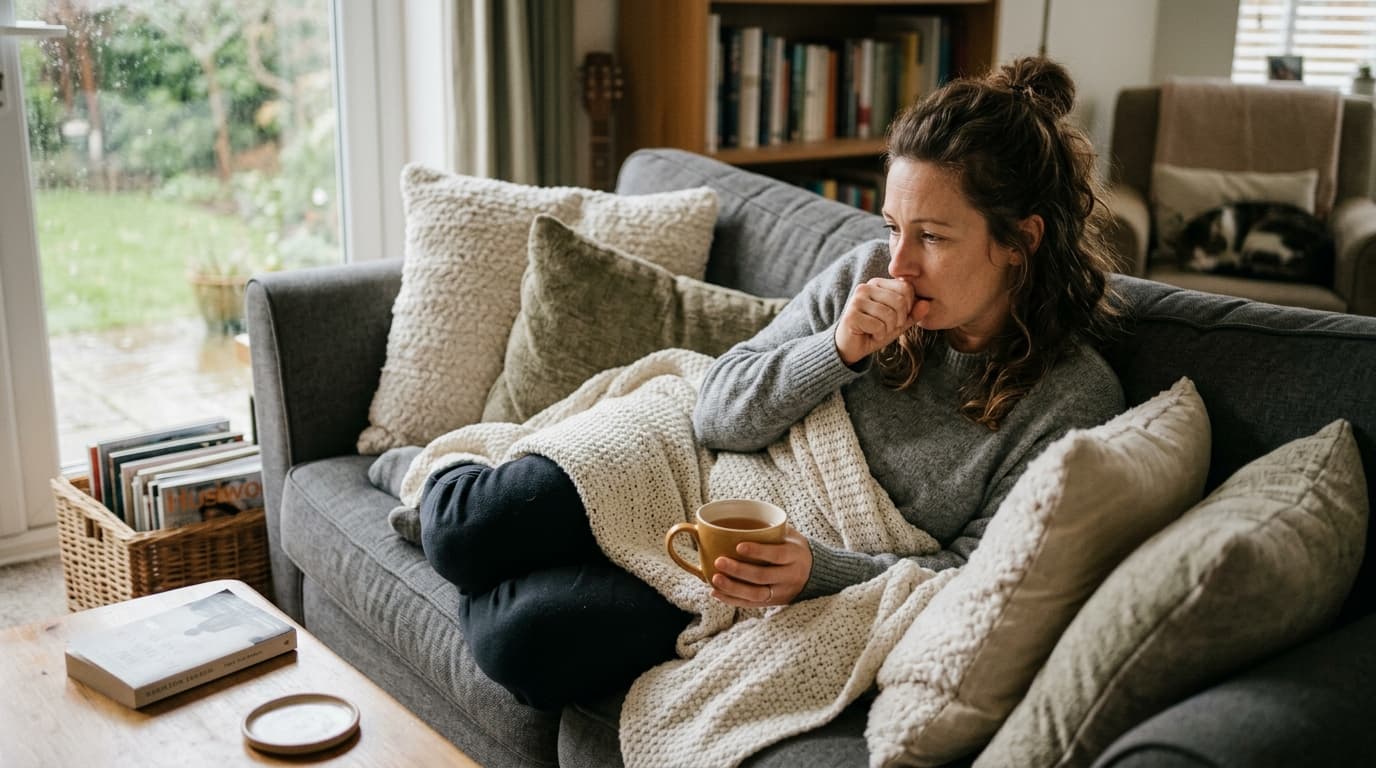 Person zu Hause sitzt mit einer Tasse warmem Getränk auf dem Sofa und hält sich beim Husten die Hand vor den Mund