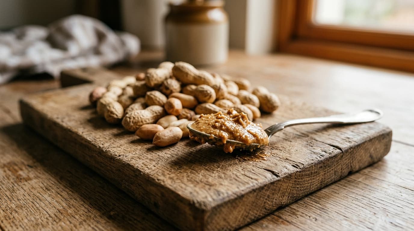 Puñado de cacahuetes tostados servidos en un cuenco pequeño sobre una mesa