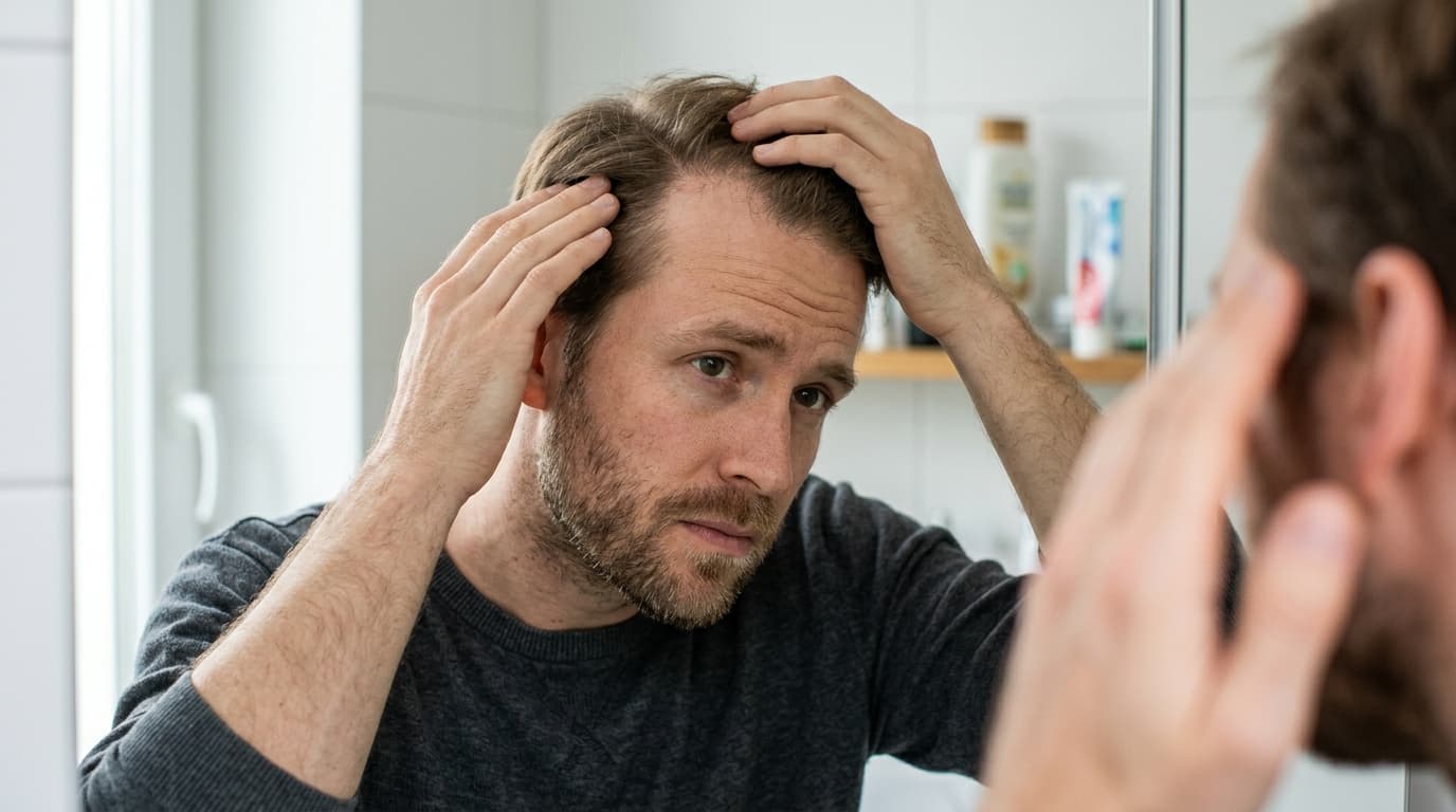 Homem observando o afinamento da linha do cabelo no espelho do banheiro