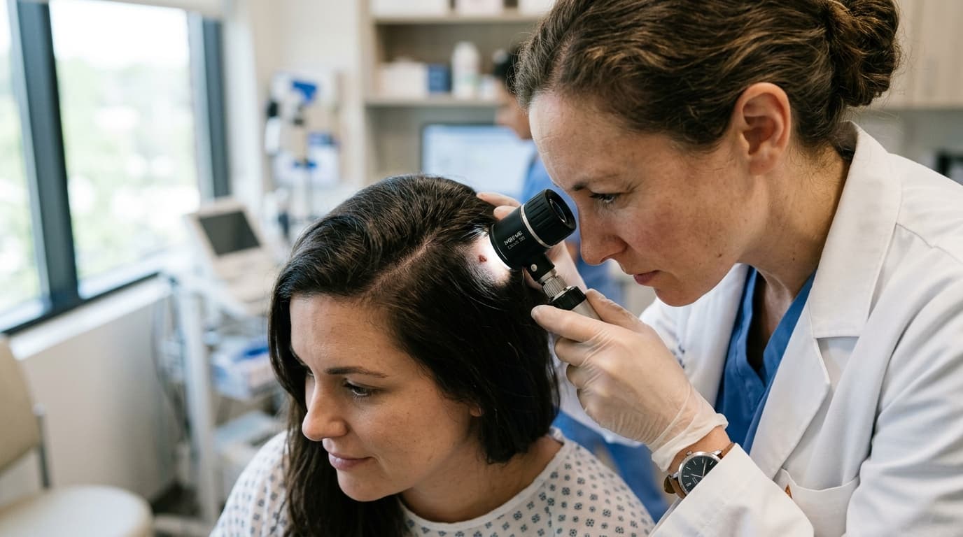 Dermatologista examinando o couro cabeludo de um paciente com um dermatoscópio