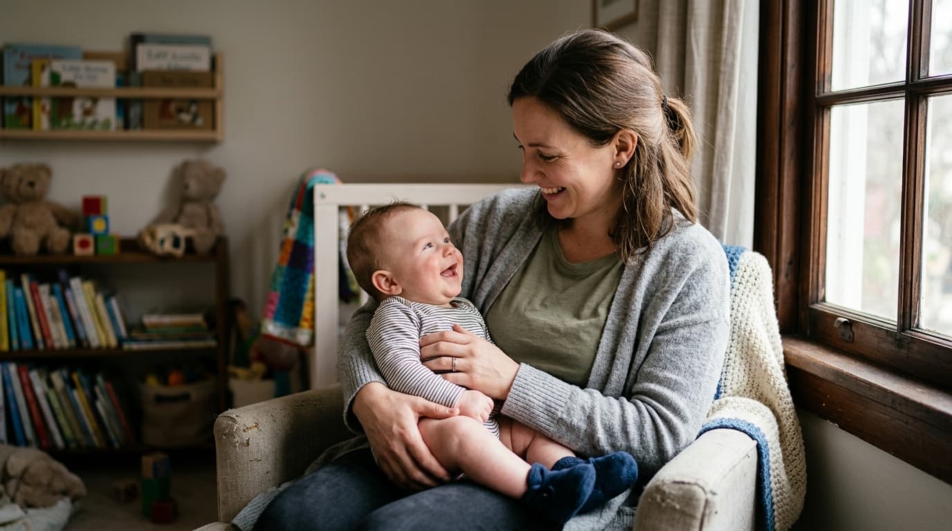 Mãe segurando o bebê no colo enquanto observa com atenção sinais de candidíase
