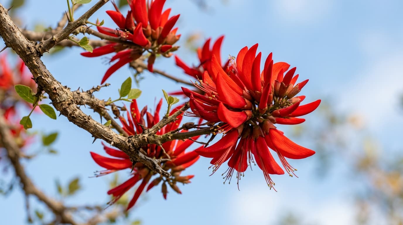 Flores vermelhas do mulungu em um galho da árvore, com céu claro ao fundo
