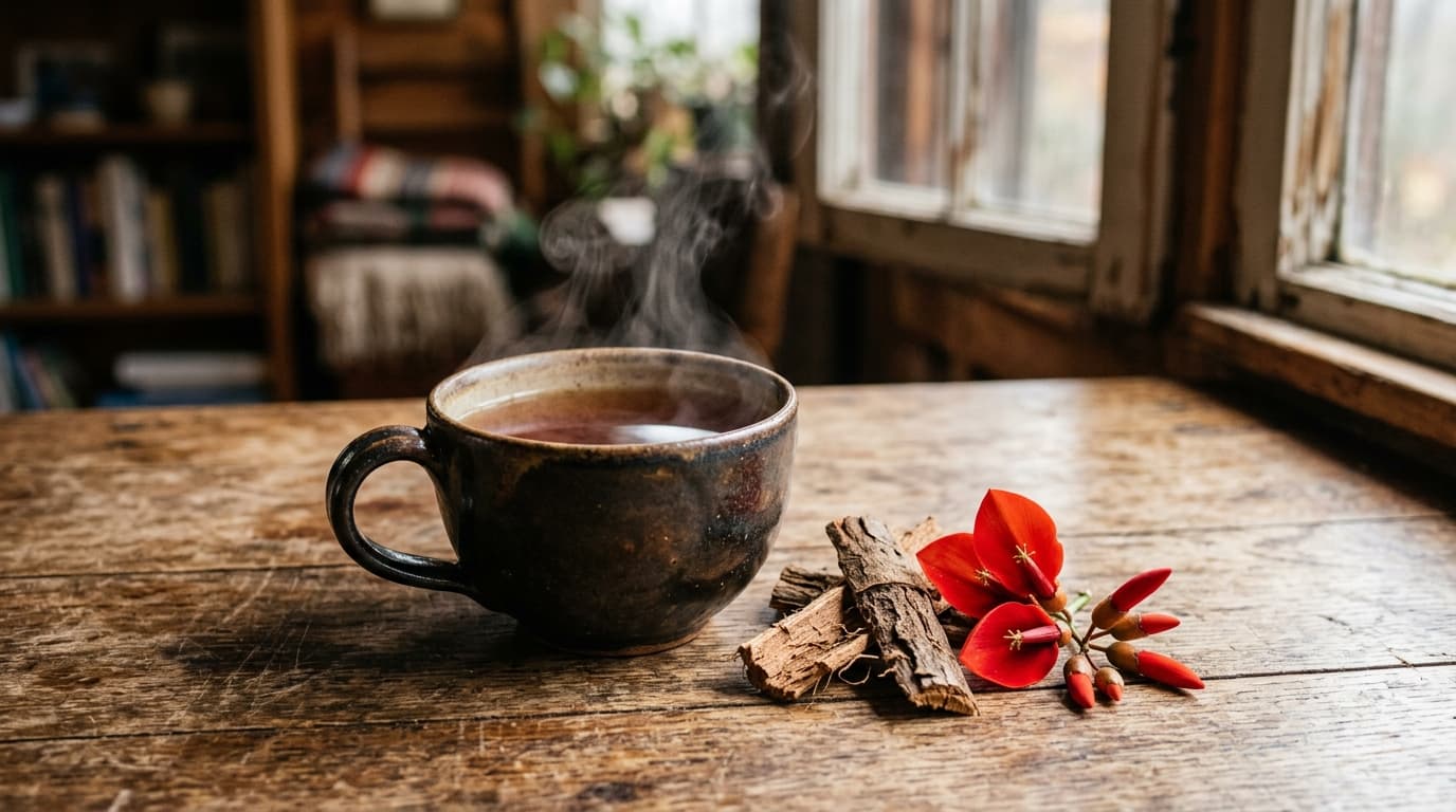 Xícara de chá de mulungu sobre uma mesa de madeira, ao lado de pedaços de casca seca e flores vermelhas da árvore
