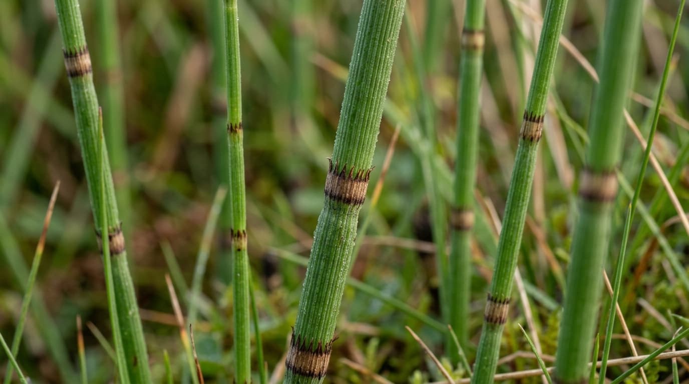 Plano cercano de los tallos verdes y articulados de la cola de caballo (Equisetum arvense) en su entorno natural
