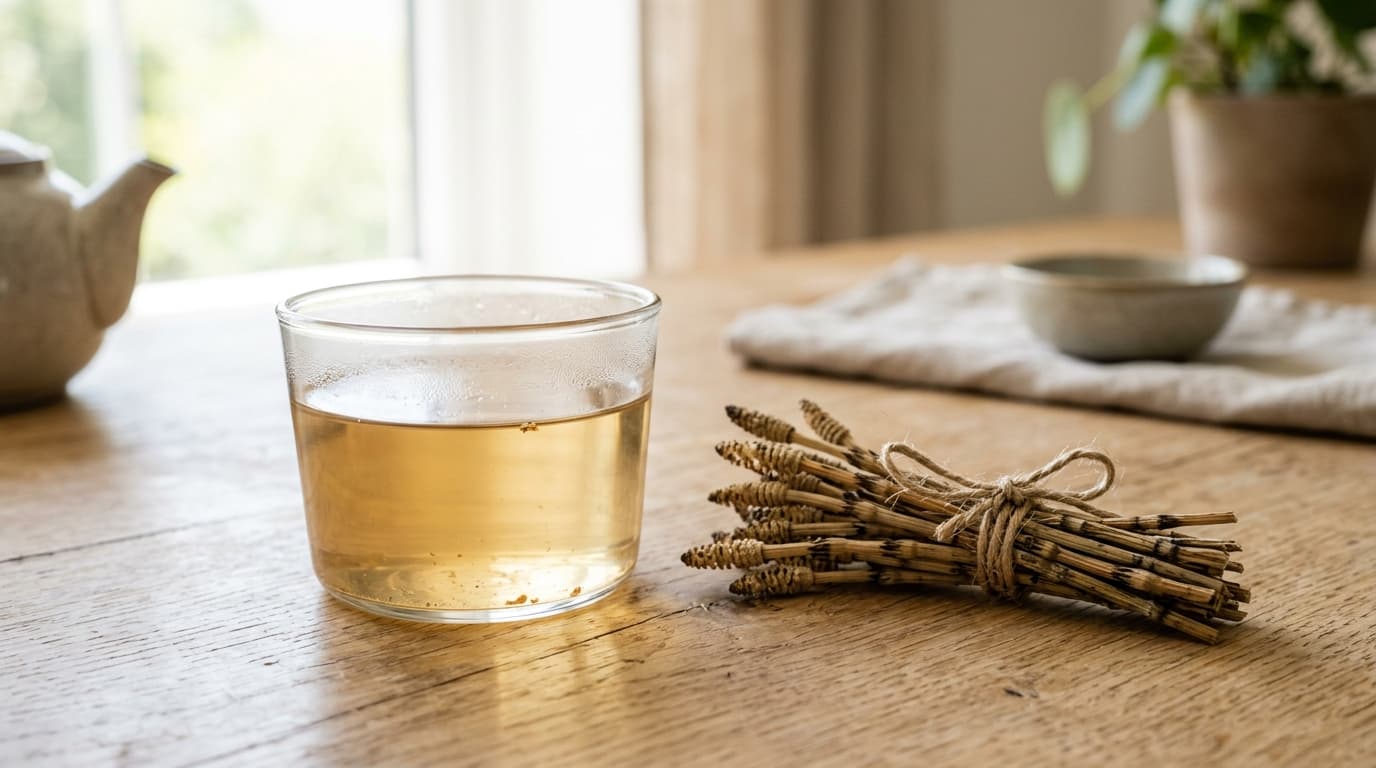 Taza de infusión de cola de caballo junto a tallos secos de la planta sobre una superficie clara de madera