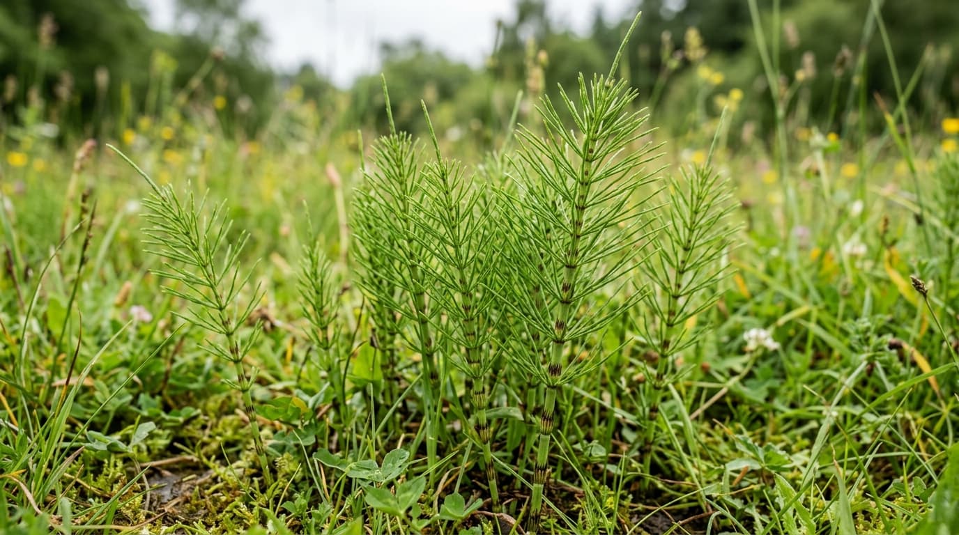 Tallos verdes y articulados de cola de caballo (Equisetum arvense) creciendo al aire libre
