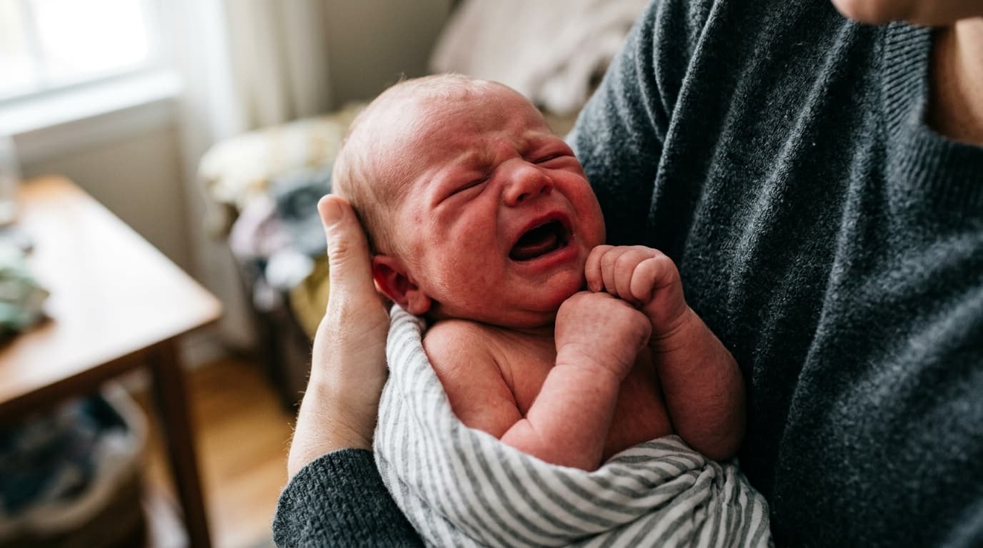 Bebé recién nacido llorando con los puños cerrados mientras un adulto lo sostiene con cuidado