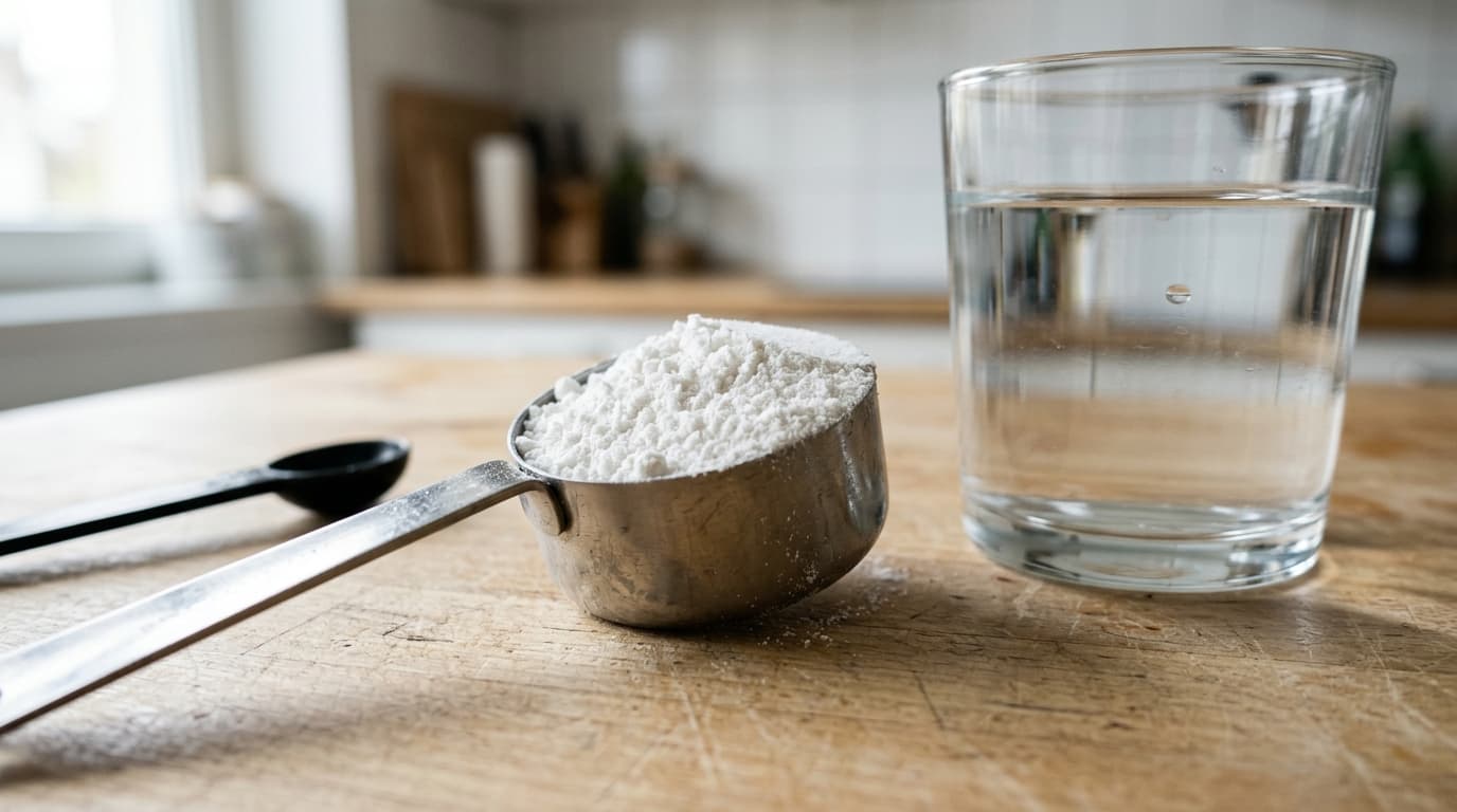 Cuchara medidora con polvo blanco de creatina monohidratada sobre una mesa clara junto a un vaso de agua