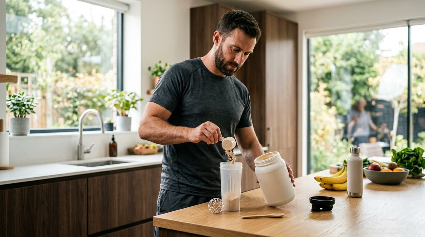 Hombre adulto preparando un batido con polvo de creatina en una coctelera en la cocina, con ropa deportiva
