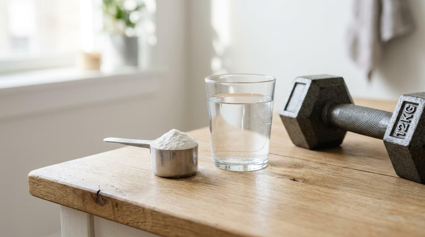 Cuchara con polvo blanco de creatina monohidratada junto a un vaso de agua y una mancuerna sobre fondo claro