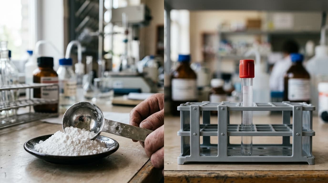 Side-by-side comparison of a scoop of white creatine supplement powder and a labeled blood sample tube for a creatinine test