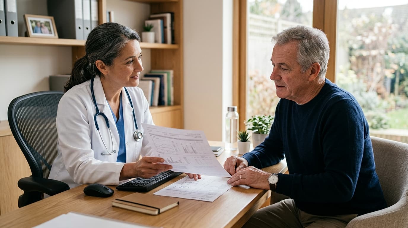 A doctor reviewing a kidney function lab report showing creatinine and eGFR values with a patient