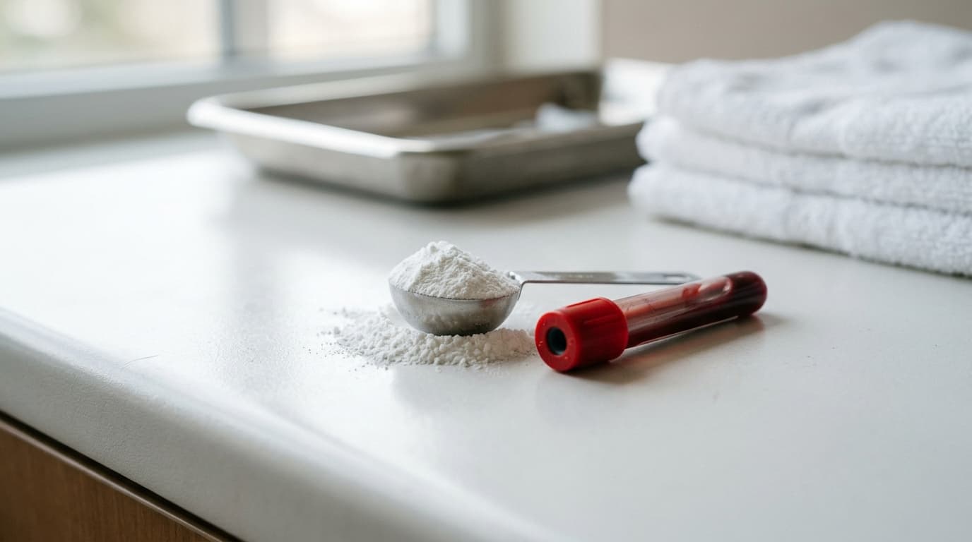 A laboratory technician holding a labeled blood sample tube next to a container of creatine supplement powder