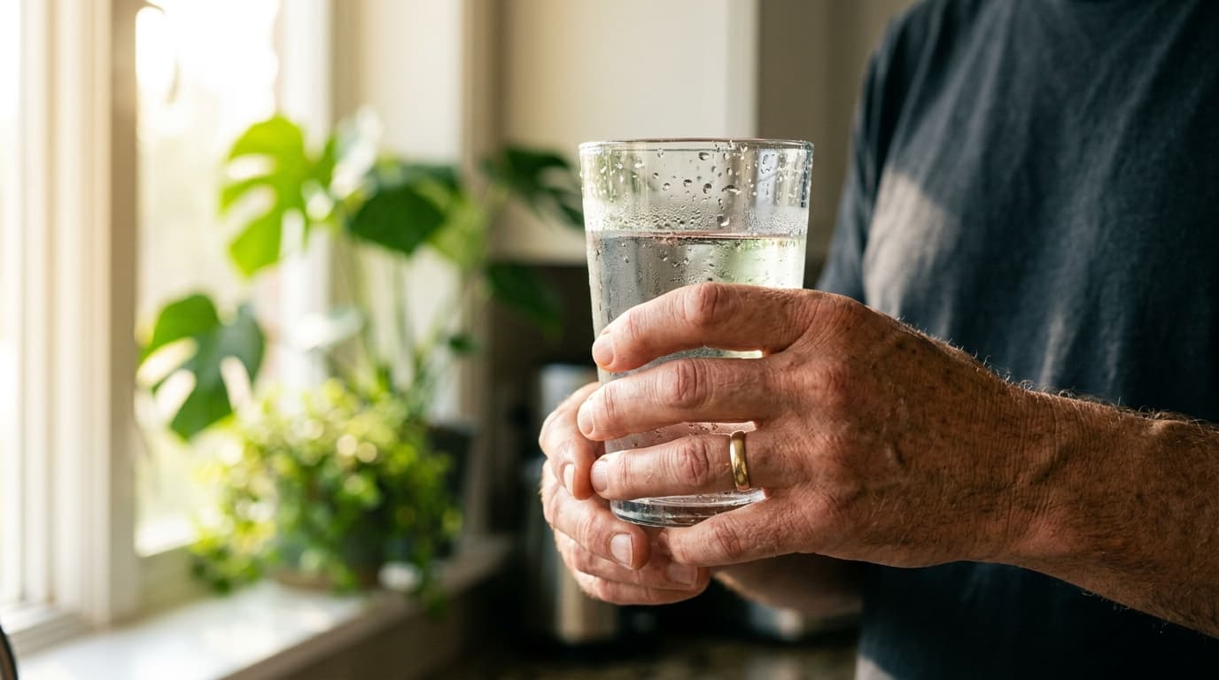 Mãos segurando um copo de água com gotas de condensação perto de uma janela iluminada