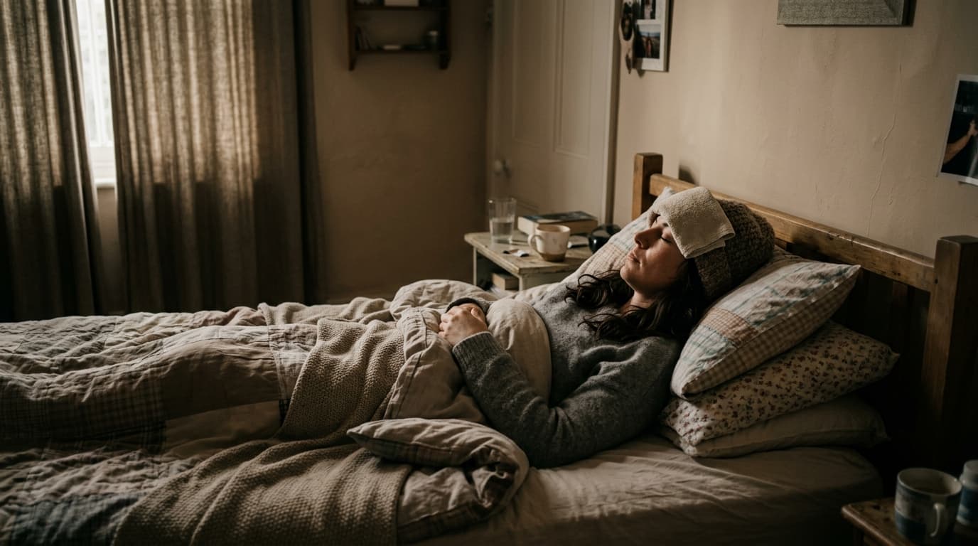 Pessoa deitada descansando em um quarto com pouca luz para aliviar a dor de cabeça