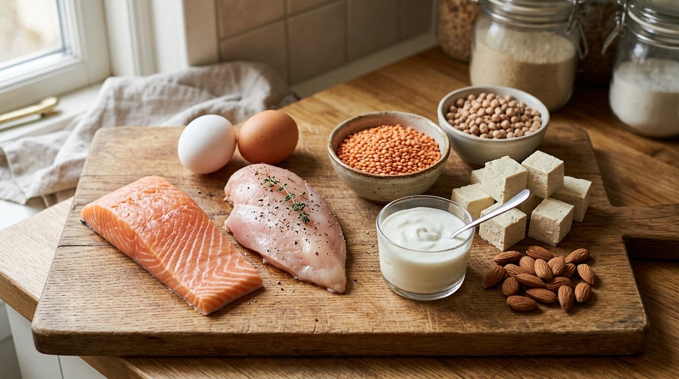 Auswahl eiweißreicher Lebensmittel wie Eier, Hähnchenbrust, Lachs, Linsen, Kichererbsen, Tofu, Joghurt und Mandeln nebeneinander auf einem Holzbrett