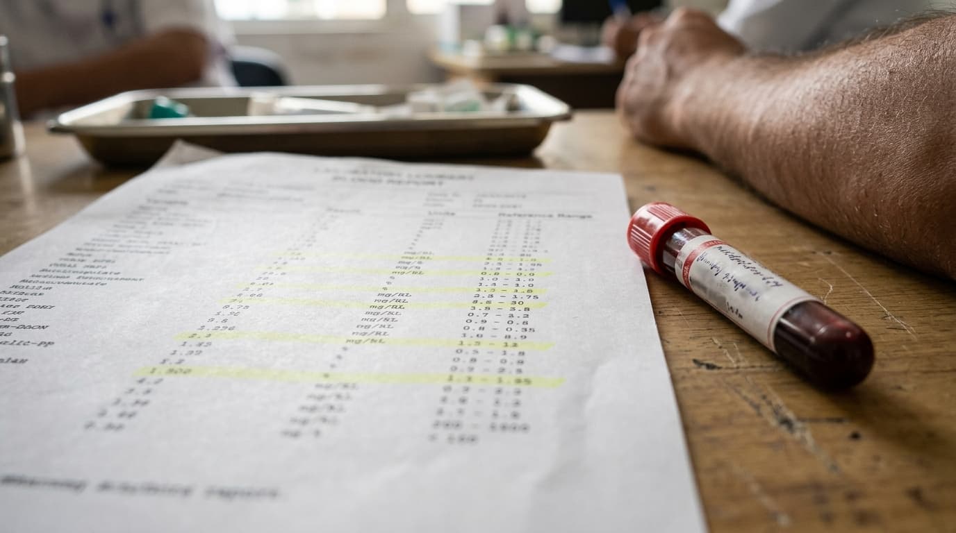 Laborbefund mit den Entzündungswerten CRP, Blutsenkung und Leukozyten, daneben ein Blutröhrchen