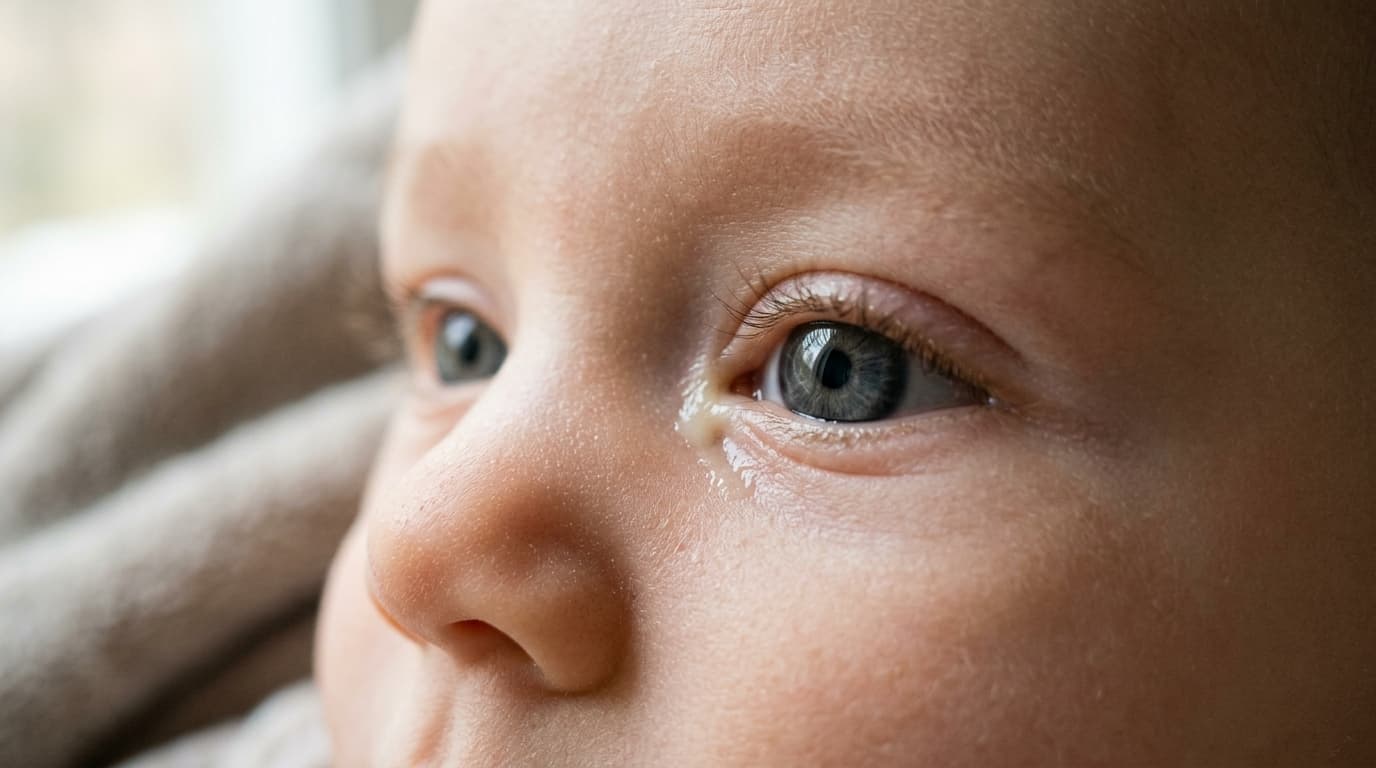 Realistic close-up of an infant's eye with a small amount of sticky discharge in the inner corner near the nose, with a white, calm eye