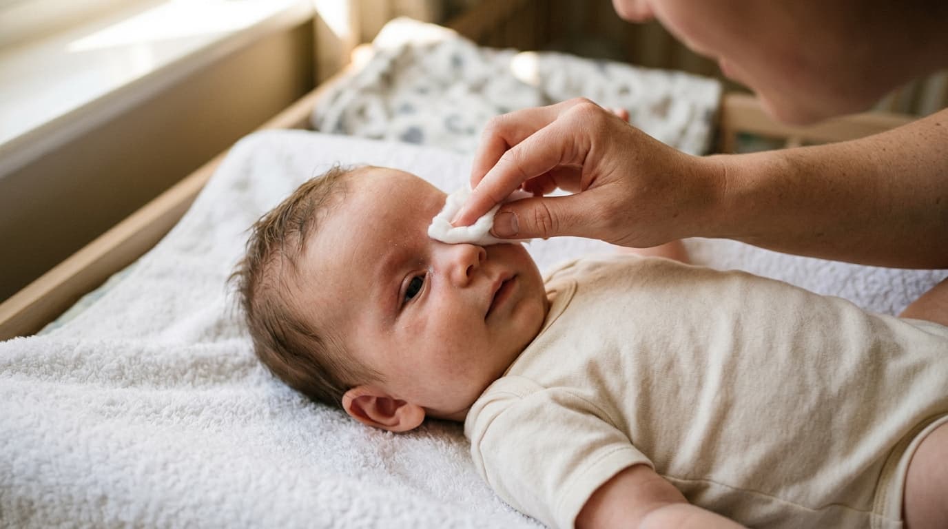 Realistic photo of a caregiver gently wiping an infant's eye from the inner corner outward with a clean piece of cotton wool
