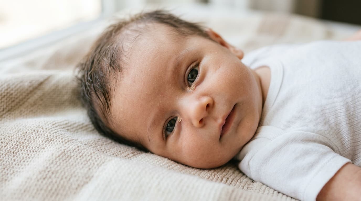 Realistic photo of a calm infant with a small amount of sticky discharge in the inner corner of one eye