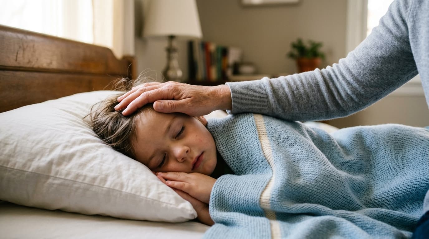 Niño pequeño en la cama con aspecto tranquilo mientras un adulto le mide la temperatura