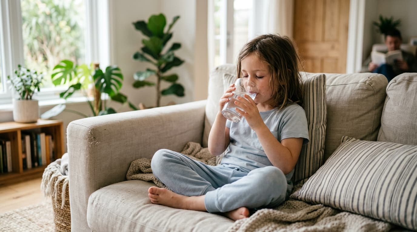 Niña bebiendo agua de un vaso mientras descansa en el sofá con ropa ligera