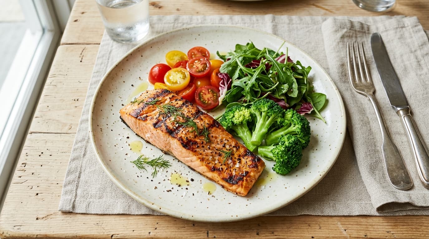 An overhead view of a balanced plate with grilled salmon, steamed broccoli, cherry tomatoes, mixed greens and a drizzle of olive oil