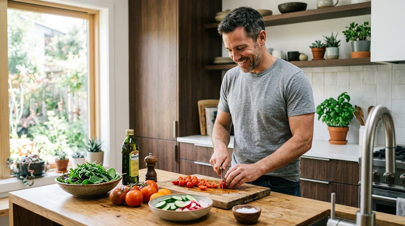 A man in his forties preparing a fresh vegetable salad in a bright kitchen, with tomatoes, leafy greens and a bottle of olive oil on the counter