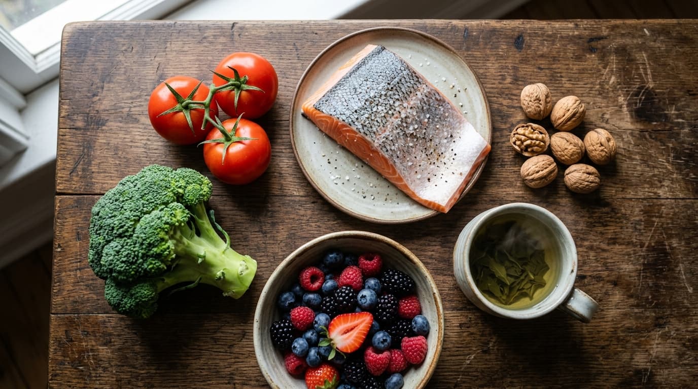 A wooden table arranged with foods linked to prostate health: ripe tomatoes, a salmon fillet, broccoli, fresh berries, walnuts and a cup of green tea