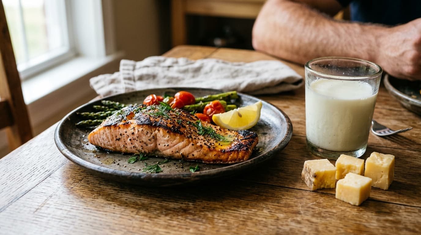 A wooden board with cubes of cheese, a glass of milk, a fresh salmon fillet and two eggs arranged together