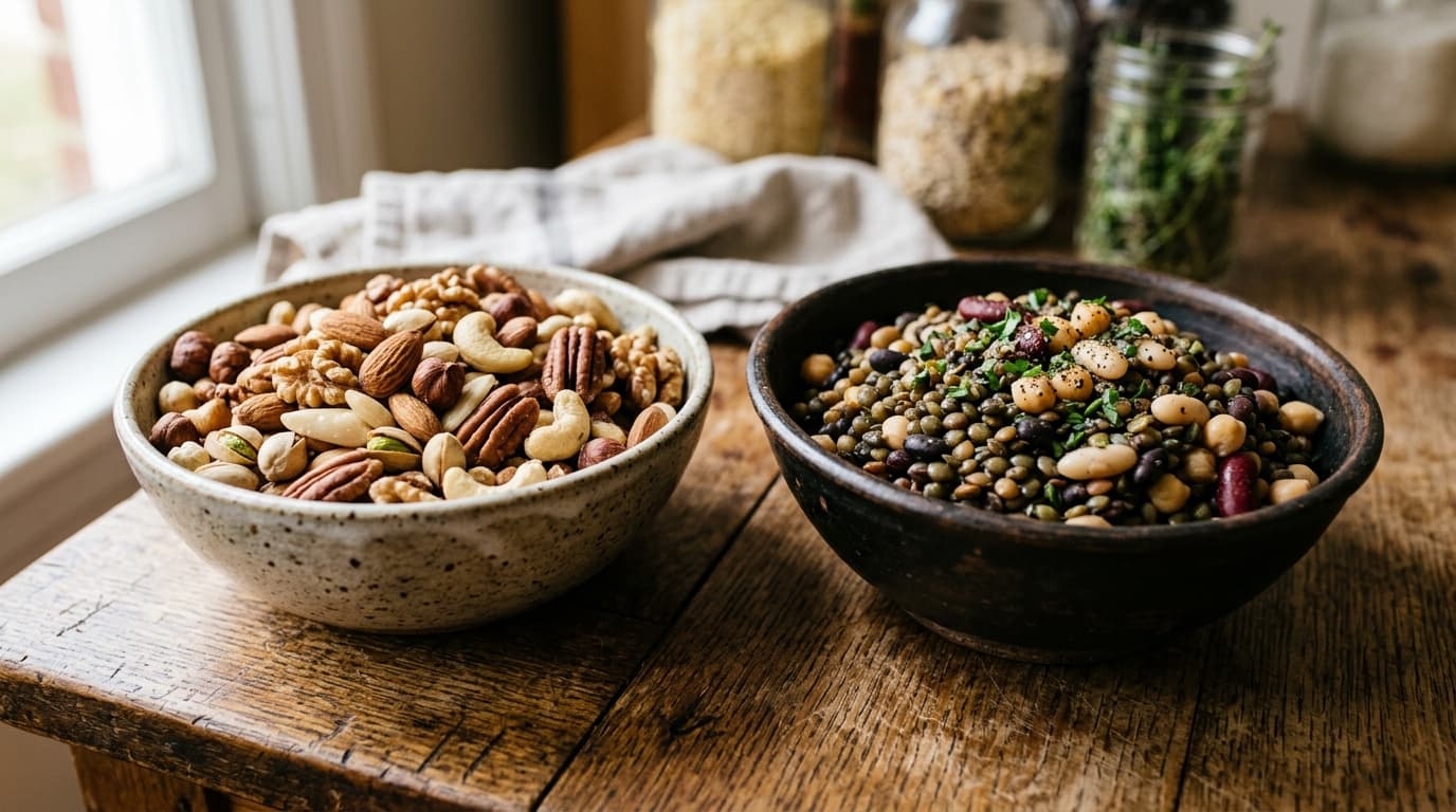 A bowl of cooked beans beside a small pile of mixed nuts and seeds on a light kitchen surface